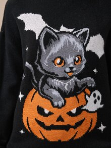 ROMWE Halloween Cute Cat Pumpkin Pattern Black Long Sweater For Women - Black - View 4
