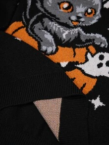 ROMWE Halloween Cute Cat Pumpkin Pattern Black Long Sweater For Women - Black - View 8