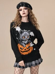 ROMWE Halloween Cute Cat Pumpkin Pattern Black Long Sweater For Women - Black - View 1