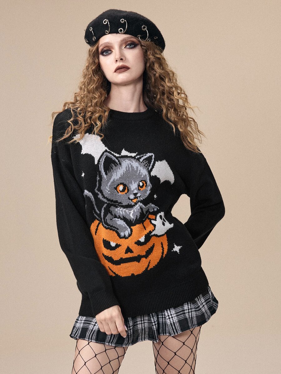 ROMWE Halloween Cute Cat Pumpkin Pattern Black Long Sweater For Women - Black - View 1