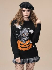 ROMWE Halloween Cute Cat Pumpkin Pattern Black Long Sweater For Women - Black - View 6