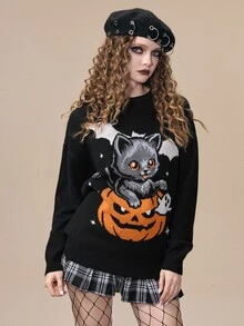 ROMWE Halloween Cute Cat Pumpkin Pattern Black Long Sweater For Women - Black - View 7