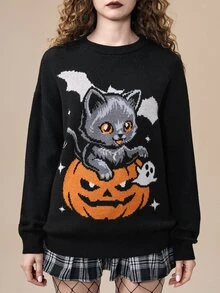 ROMWE Halloween Cute Cat Pumpkin Pattern Black Long Sweater For Women - Black - View 2