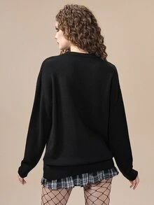 ROMWE Halloween Cute Cat Pumpkin Pattern Black Long Sweater For Women - Black - View 3