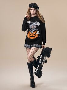 ROMWE Halloween Cute Cat Pumpkin Pattern Black Long Sweater For Women - Black - View 5