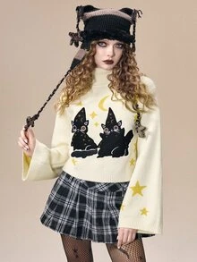 ROMWE Fairycore Kawaii Cat Jacquard High Neck Pullover Bell Sleeve Women's Sweater - Apricot - View 1