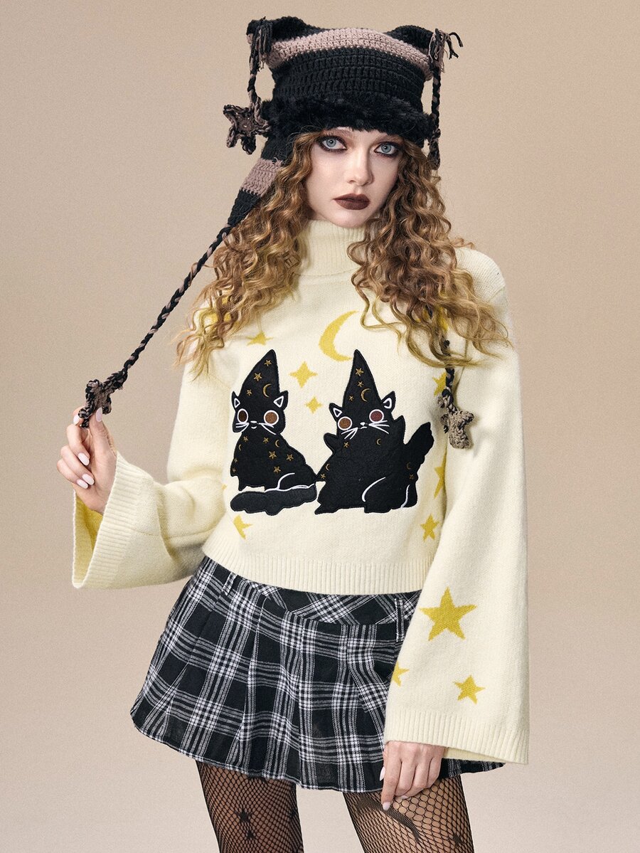 ROMWE Fairycore Kawaii Cat Jacquard High Neck Pullover Bell Sleeve Women's Sweater - Apricot - View 1