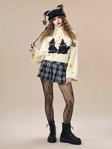 ROMWE Fairycore Kawaii Cat Jacquard High Neck Pullover Bell Sleeve Women's Sweater - Apricot - View 5