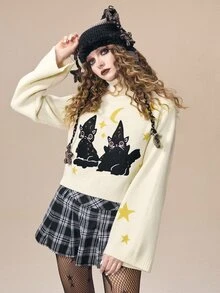 ROMWE Fairycore Kawaii Cat Jacquard High Neck Pullover Bell Sleeve Women's Sweater - Apricot - View 6