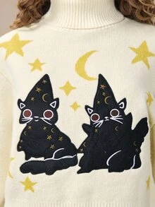 ROMWE Fairycore Kawaii Cat Jacquard High Neck Pullover Bell Sleeve Women's Sweater - Apricot - View 4