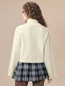 ROMWE Fairycore Kawaii Cat Jacquard High Neck Pullover Bell Sleeve Women's Sweater - Apricot - View 3