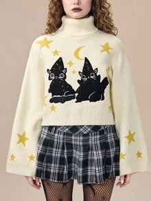 ROMWE Fairycore Kawaii Cat Jacquard High Neck Pullover Bell Sleeve Women's Sweater - Apricot - View 2