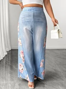 Elenzga Women's Plus Size Spring Summer Autumn Long Denim Effect Floral Print Elegant Casual Commuter Wide Leg Pants Fall Brunch Formal Light Blue - Multicolor - View 6