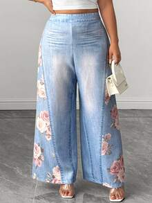 Elenzga Women's Plus Size Spring Summer Autumn Long Denim Effect Floral Print Elegant Casual Commuter Wide Leg Pants Fall Brunch Formal Light Blue - Multicolor - View 8