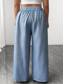 Elenzga Women's Plus Size Spring Summer Autumn Long Denim Effect Floral Print Elegant Casual Commuter Wide Leg Pants Fall Brunch Formal Light Blue - Multicolor - View 2