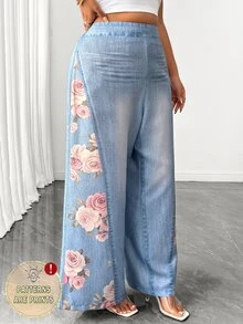 Elenzga Women's Plus Size Spring Summer Autumn Long Denim Effect Floral Print Elegant Casual Commuter Wide Leg Pants Fall Brunch Formal Light Blue - Multicolor - View 5