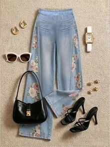 Elenzga Women's Plus Size Spring Summer Autumn Long Denim Effect Floral Print Elegant Casual Commuter Wide Leg Pants Fall Brunch Formal Light Blue - Multicolor - View 3