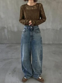 FRIFUL 女款修身蕾絲上衣，圓領長袖透視紋理面料，休閒百搭，適合度假與海灘 - 棕色 - 查看 4