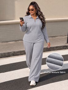 SHEIN LUNE Plus Size Women Casual Elegant Baggy Relaxed Set Grey Textured Fabric Minimalist Premium Style Formal Fall Lounge Homewear - Grey - View 3