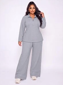 SHEIN LUNE Plus Size Women Casual Elegant Baggy Relaxed Set Grey Textured Fabric Minimalist Premium Style Formal Fall Lounge Homewear - Grey - View 5