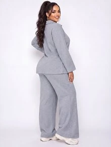 SHEIN LUNE Plus Size Women Casual Elegant Baggy Relaxed Set Grey Textured Fabric Minimalist Premium Style Formal Fall Lounge Homewear - Grey - View 2
