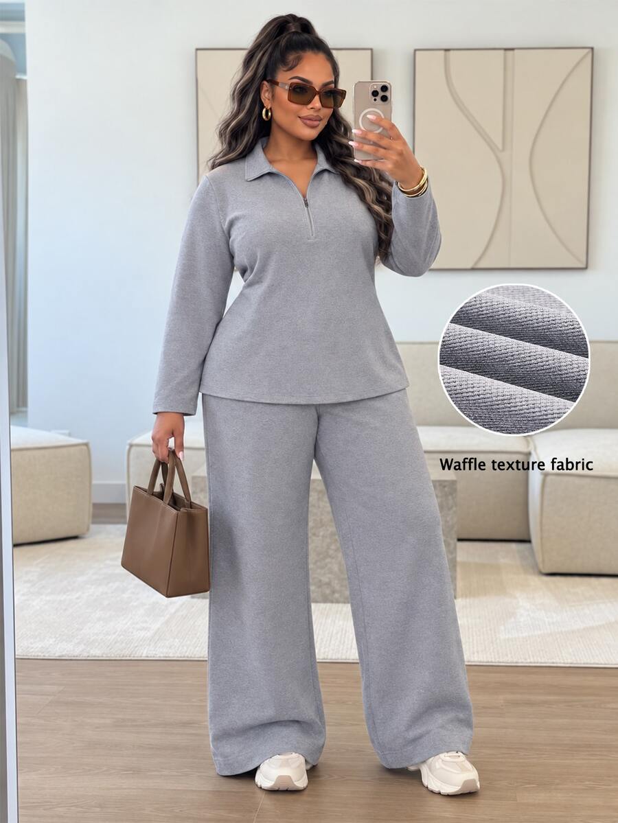 SHEIN LUNE Plus Size Women Casual Elegant Baggy Relaxed Set Grey Textured Fabric Minimalist Premium Style Formal Fall Lounge Homewear - Grey - View 1