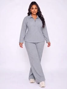 SHEIN LUNE Plus Size Women Casual Elegant Baggy Relaxed Set Grey Textured Fabric Minimalist Premium Style Formal Fall Lounge Homewear - Grey - View 4