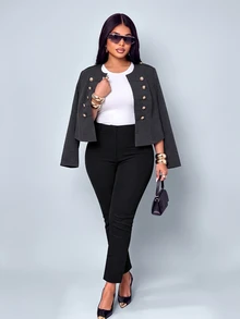 SOLERSUN Plus Size Short Military Style Jacket, Round Neck Double-Breasted Gold Buttons, Shoulder Epaulette Design, High Waist Cropped Top, Vintage Commuter Jacket - Dark Grey - View 3