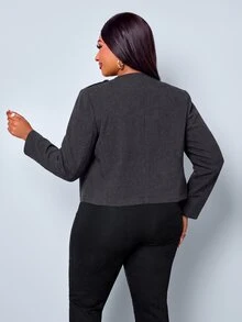 SOLERSUN Plus Size Short Military Style Jacket, Round Neck Double-Breasted Gold Buttons, Shoulder Epaulette Design, High Waist Cropped Top, Vintage Commuter Jacket - Dark Grey - View 5