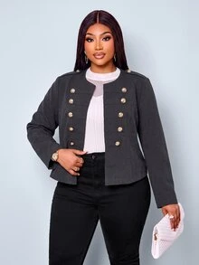 SOLERSUN Plus Size Short Military Style Jacket, Round Neck Double-Breasted Gold Buttons, Shoulder Epaulette Design, High Waist Cropped Top, Vintage Commuter Jacket - Dark Grey - View 4