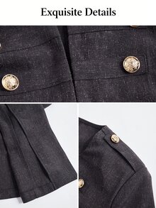 SOLERSUN Plus Size Short Military Style Jacket, Round Neck Double-Breasted Gold Buttons, Shoulder Epaulette Design, High Waist Cropped Top, Vintage Commuter Jacket - Dark Grey - View 7