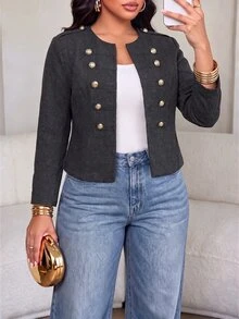 SOLERSUN Plus Size Short Military Style Jacket, Round Neck Double-Breasted Gold Buttons, Shoulder Epaulette Design, High Waist Cropped Top, Vintage Commuter Jacket - Dark Grey - View 6