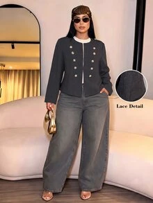 SOLERSUN Plus Size Short Military Style Jacket, Round Neck Double-Breasted Gold Buttons, Shoulder Epaulette Design, High Waist Cropped Top, Vintage Commuter Jacket - Dark Grey - View 1