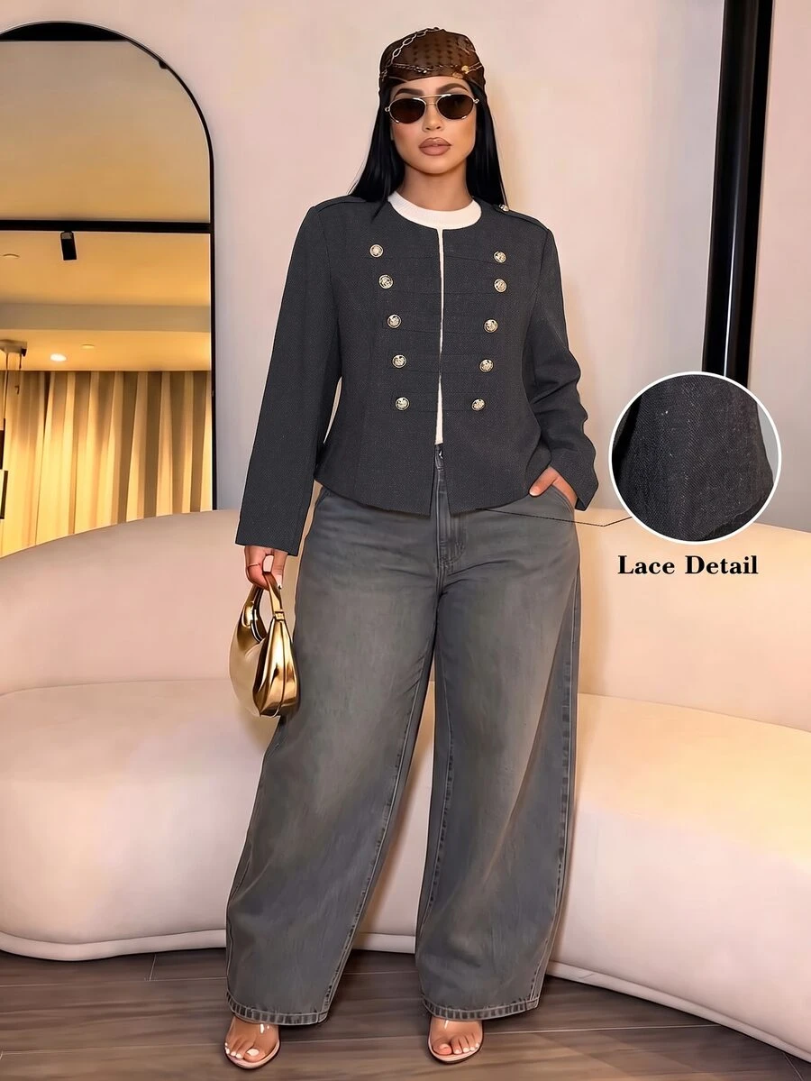 SOLERSUN Plus Size Short Military Style Jacket, Round Neck Double-Breasted Gold Buttons, Shoulder Epaulette Design, High Waist Cropped Top, Vintage Commuter Jacket - Dark Grey - View 1