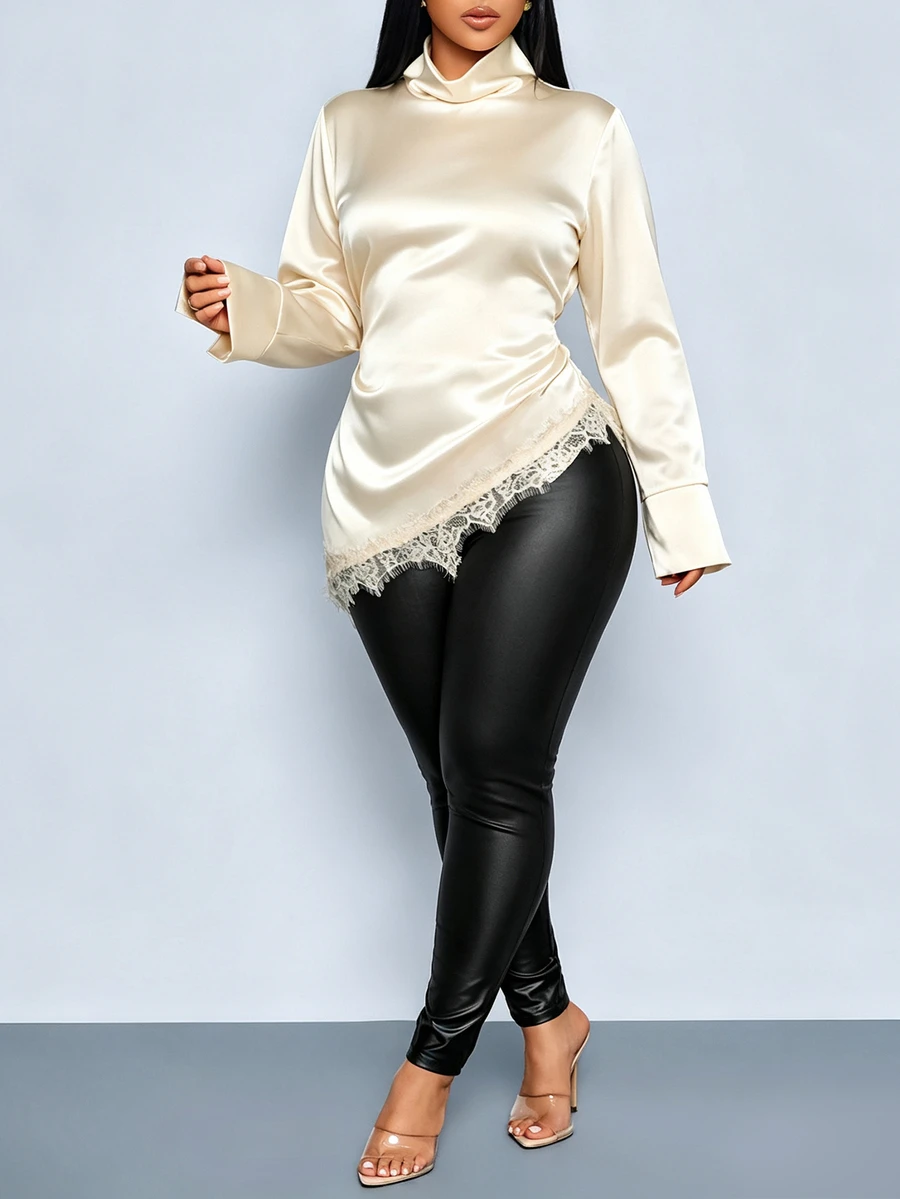 SOLERSUN Plus Size Satin High Neck Long Sleeve Blouse Asymmetrical Lace Office Formal Brunch Date Daily Streetwear Elegant Fall White - Apricot - View 1