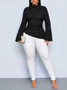 SOLERSUN Plus Size Shiny Ruched Flare Sleeve Top, Asymmetric Hem Slim Fit T-Shirt Fall New Year Christmas Party Night Black Sexy Elegant - Black - View 2