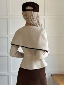 DAZY Women's Autumn/Winter Shawl Collar Black Trim Contrast Patchwork Waist-Cinching Slim Fit Elegant Vintage Overcoat For Commuting And Dating - Apricot - View 5