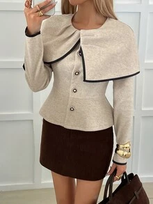 DAZY Women's Autumn/Winter Shawl Collar Black Trim Contrast Patchwork Waist-Cinching Slim Fit Elegant Vintage Overcoat For Commuting And Dating - Apricot - View 2