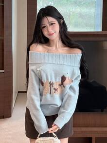 DAZY Women's Autumn/Winter Off-Shoulder Cold Shoulder Long Sleeve Cartoon Puppy Jacquard Pattern Light Blue Fuzzy Loose Casual Dating Sweet Knit Sweater - Blue - View 7