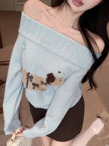 DAZY Women's Autumn/Winter Off-Shoulder Cold Shoulder Long Sleeve Cartoon Puppy Jacquard Pattern Light Blue Fuzzy Loose Casual Dating Sweet Knit Sweater - Blue - View 8