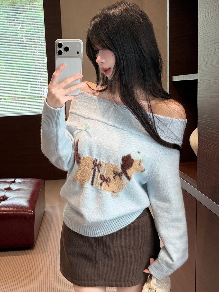 DAZY Women's Autumn/Winter Off-Shoulder Cold Shoulder Long Sleeve Cartoon Puppy Jacquard Pattern Light Blue Fuzzy Loose Casual Dating Sweet Knit Sweater - Blue - View 1
