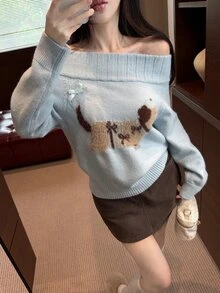 DAZY Women's Autumn/Winter Off-Shoulder Cold Shoulder Long Sleeve Cartoon Puppy Jacquard Pattern Light Blue Fuzzy Loose Casual Dating Sweet Knit Sweater - Blue - View 3