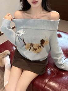 DAZY Women's Autumn/Winter Off-Shoulder Cold Shoulder Long Sleeve Cartoon Puppy Jacquard Pattern Light Blue Fuzzy Loose Casual Dating Sweet Knit Sweater - Blue - View 5