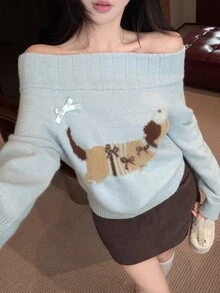 DAZY Women's Autumn/Winter Off-Shoulder Cold Shoulder Long Sleeve Cartoon Puppy Jacquard Pattern Light Blue Fuzzy Loose Casual Dating Sweet Knit Sweater - Blue - View 6