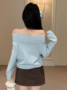 DAZY Women's Autumn/Winter Off-Shoulder Cold Shoulder Long Sleeve Cartoon Puppy Jacquard Pattern Light Blue Fuzzy Loose Casual Dating Sweet Knit Sweater - Blue - View 4