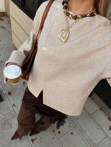 DAZY Women's Autumn/Winter Round Neck Long Sleeve Asymmetric Front Loose Solid Color Minimalist Casual Commuter Jacket Cardigan Overcoat - Khaki - View 7
