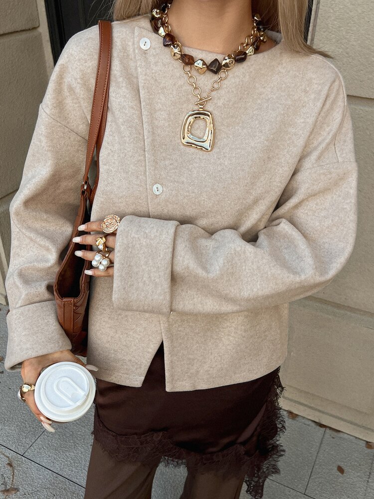 DAZY Women's Autumn/Winter Round Neck Long Sleeve Asymmetric Front Loose Solid Color Minimalist Casual Commuter Jacket Cardigan Overcoat - Khaki - View 2