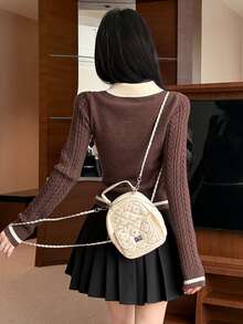 DAZY Autumn/Winter Polo Collar Camel Color Contrast Patchwork Cable Knit Letter Embroidery Pattern Slim Fit Preppy Street Sweet Casual Women's Knitted Sweater - Brown - View 3