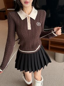 DAZY Autumn/Winter Polo Collar Camel Color Contrast Patchwork Cable Knit Letter Embroidery Pattern Slim Fit Preppy Street Sweet Casual Women's Knitted Sweater - Brown - View 5