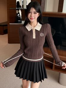 DAZY Autumn/Winter Polo Collar Camel Color Contrast Patchwork Cable Knit Letter Embroidery Pattern Slim Fit Preppy Street Sweet Casual Women's Knitted Sweater - Brown - View 8